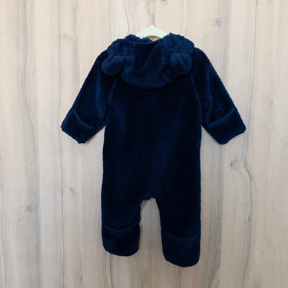 L.L. Bean Unisex Bunting 0-3 Months Navy Fleece Hooded Bear Ears Cozy Warm NWT